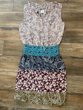 Sleeveless Mixed-Print Tiered Dress in Pink, Teal, Navy, Burgundy & Olive